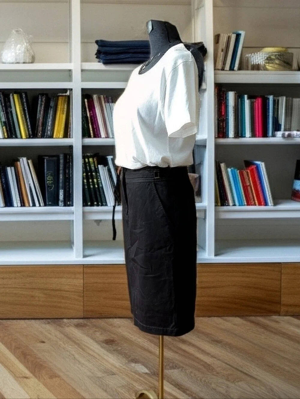 Think Tank 2008 Side-Tab Black Cotton Stretch Straight Cargo Midi Skirt Size 10